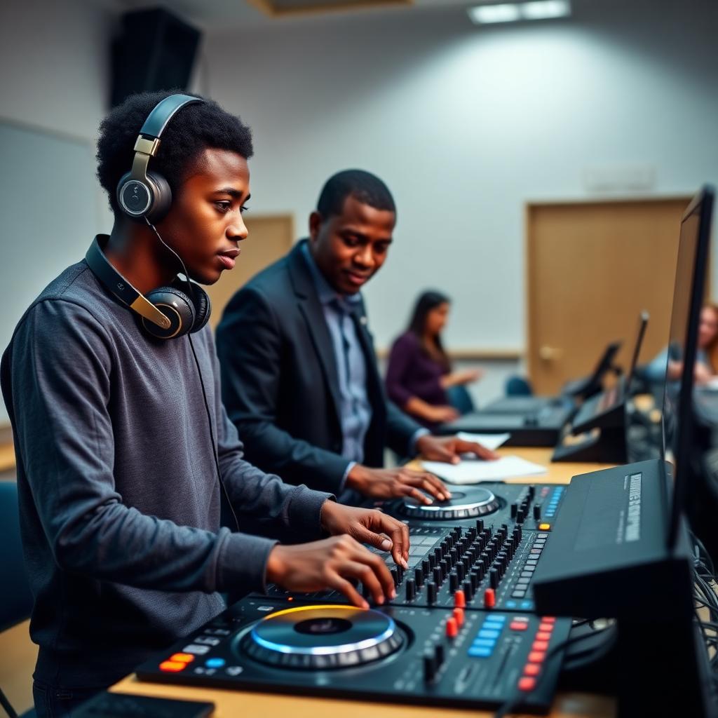 Student learning DJ skills on professional DJ equipment